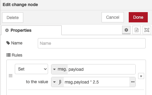 Using JSONata in a Change node to multiply a payload by 2.5 Using JSONata in a Change node to multiply a payload by 2.5