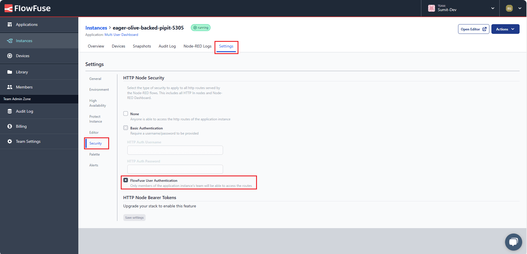 "Screenshot displaying the configuration settings within the FlowFuse instance, enabling user authentication for enhanced security."